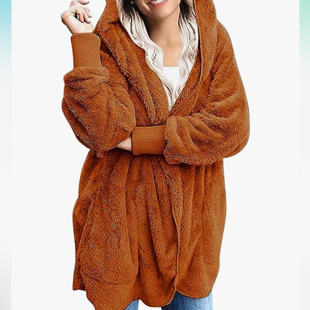 Brown whiskey Sherpa faux fur hoodie jacket coat cardigan sweater fluff winter